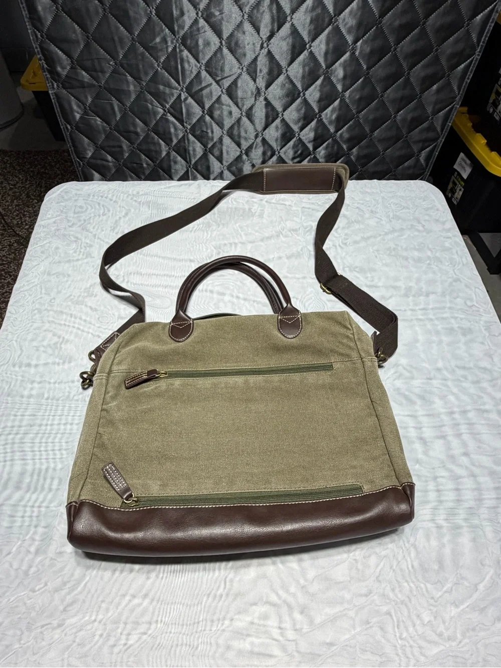 Tommy Bahama Olive Canvas Messenger with Brown Leather Trim